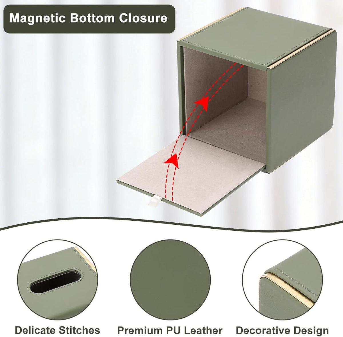Sumnacon PU Square Tissue Box Cover, Magnetic Bottom, Waterproof,Dark Green