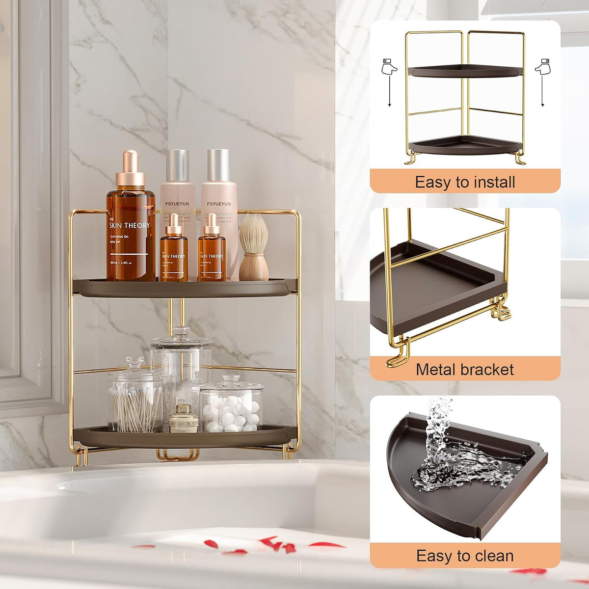 FSyueyun 2-Tier Corner Bathroom Counter Organizer, Gold & Brown
