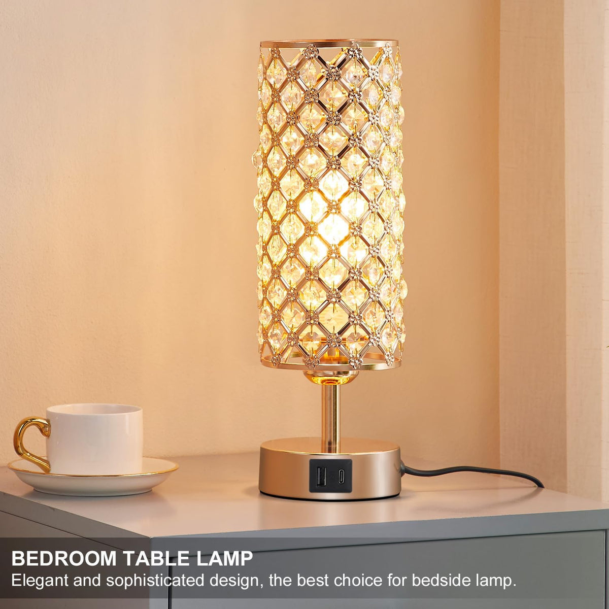 Hong-in Gold Crystal Touch Lamp for Bedroom with USB-C/A, Bulb Included