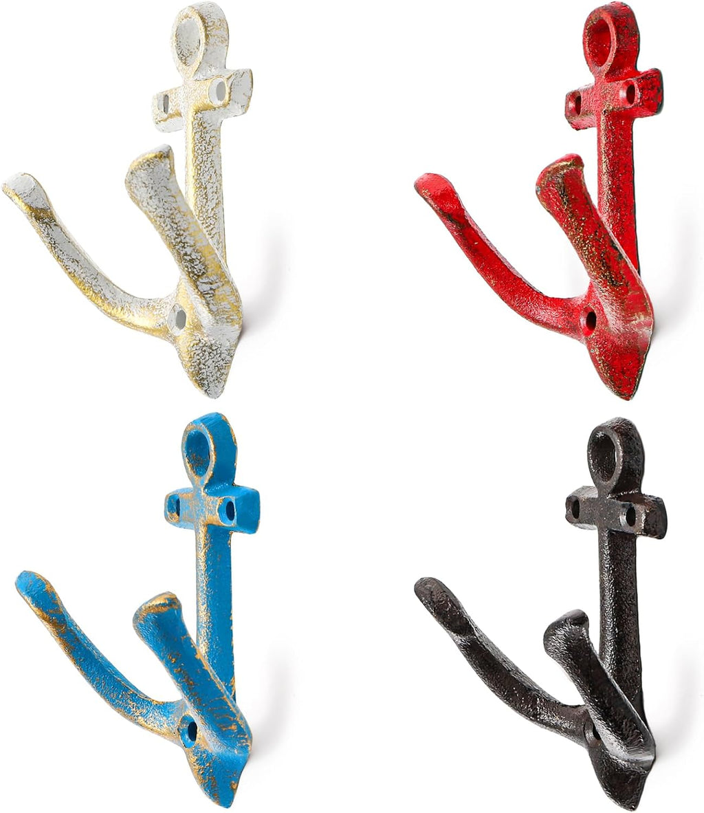 yarlung 4 Pack Vintage Wall Hooks Nautical Anchor Design, Shabby Chic Cast Iron Coat Hooks Rack, Decorative Wall Mount Rustic Metal Towel Hanger, 4 Colors