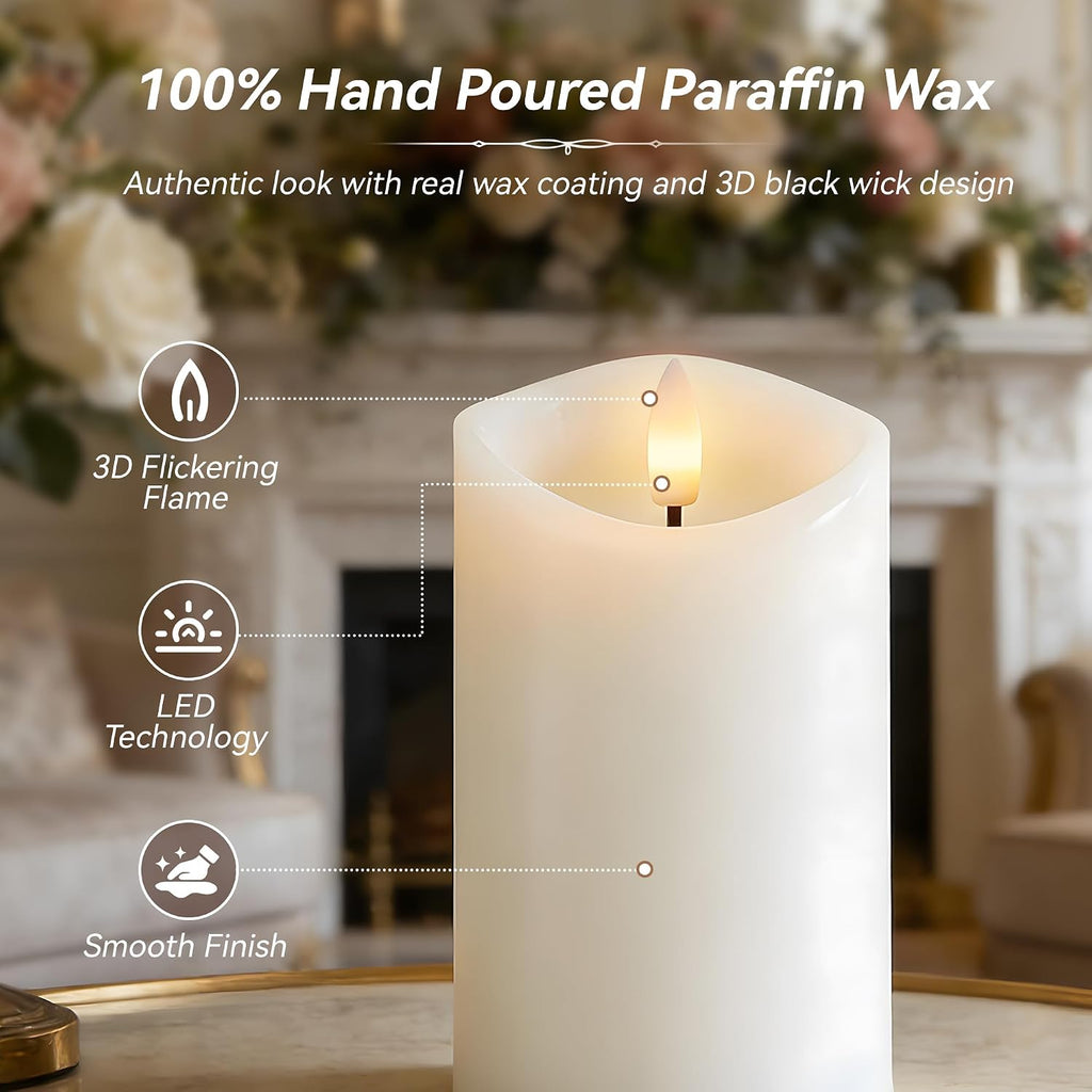 White Real Wax LED Rechargeable Flameless Battery Operated Pillar Candles