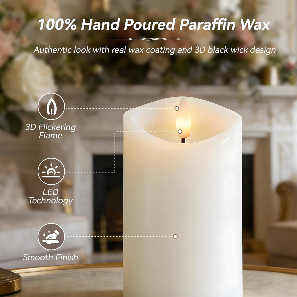 White Real Wax LED Rechargeable Flameless Battery Operated Pillar Candles