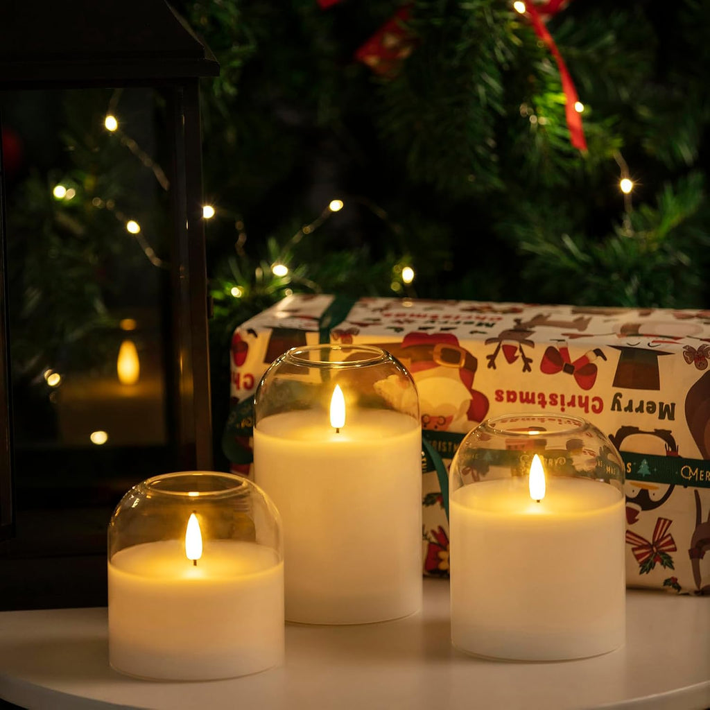 volnyus Clear Glass Flameless Candles with Remote Battery Operated Flickering LED Pillar Candles Real Wax Wick Φ 3" H 4" 5" 6", White