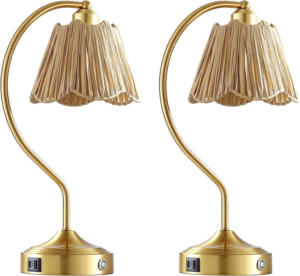 Set of 2 Boho Rattan Small Touch Table Lamps with USB C+A Ports