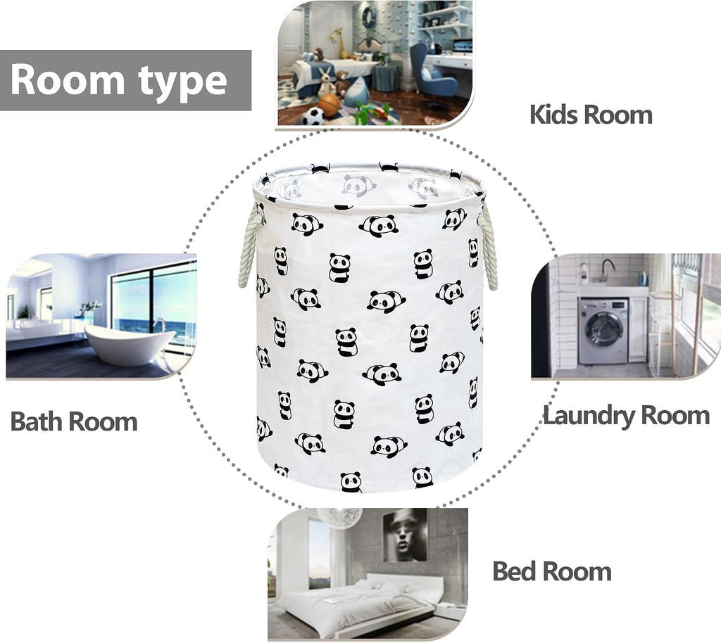 Cute Panda Round Laundry Basket, Foldable Cotton Linen Storage Hamper with Handles, Large Storage Bin for Clothes, Toys, Bedroom, Dorm, Home Decor and Gift Basket