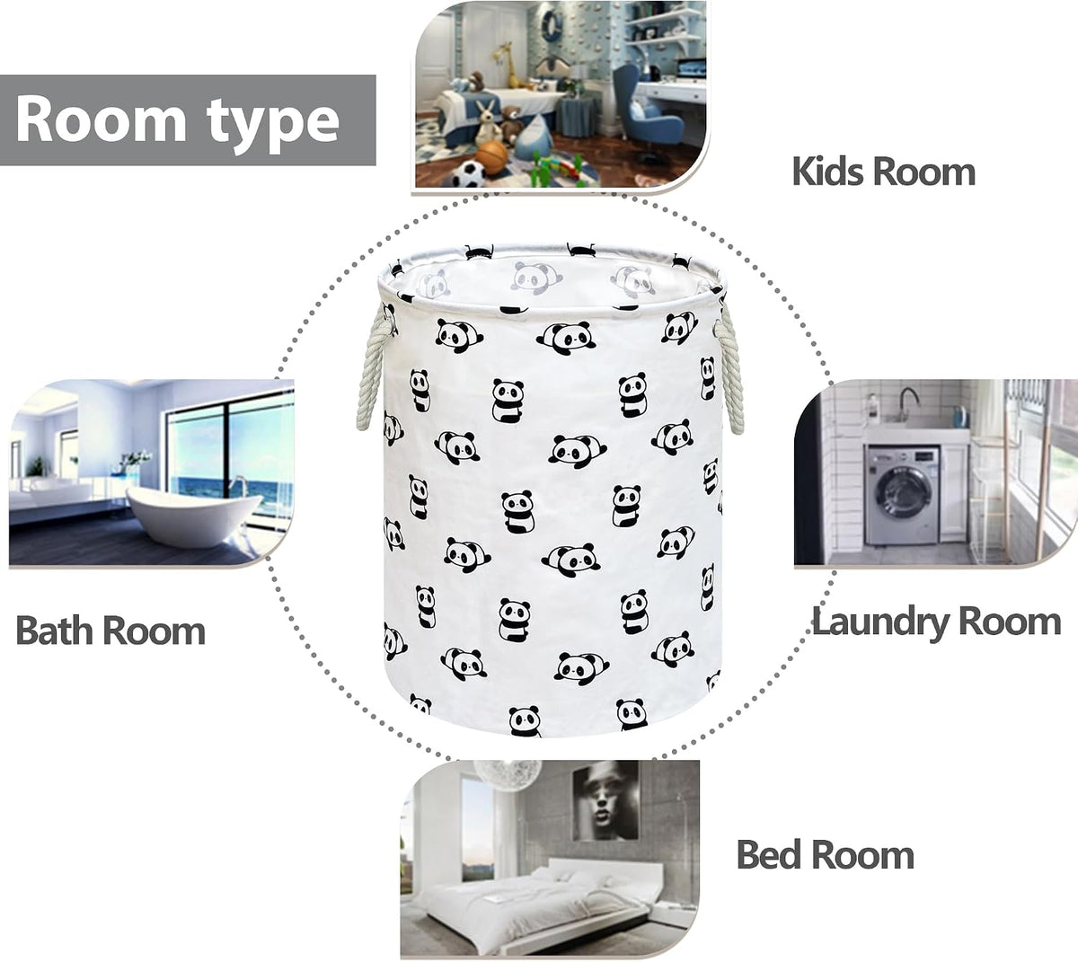 Cute Panda Round Laundry Basket, Foldable Cotton Linen Storage Hamper with Handles, Large Storage Bin for Clothes, Toys, Bedroom, Dorm, Home Decor and Gift Basket