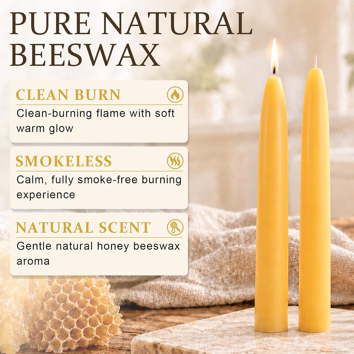 6 Pack 8 Inch 100% Pure Natural Beeswax Taper Candles