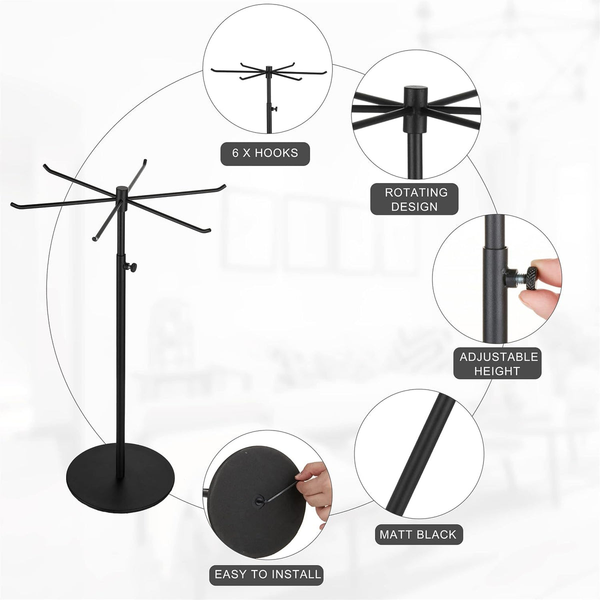 Rotating Keychain Display Stand - Height-adjustable Black Metal Jewelry Organizer - Long Necklace Display Stand with 6 Hook - Easy Clean, Scratch-resistant Display Racks for Craft Shows