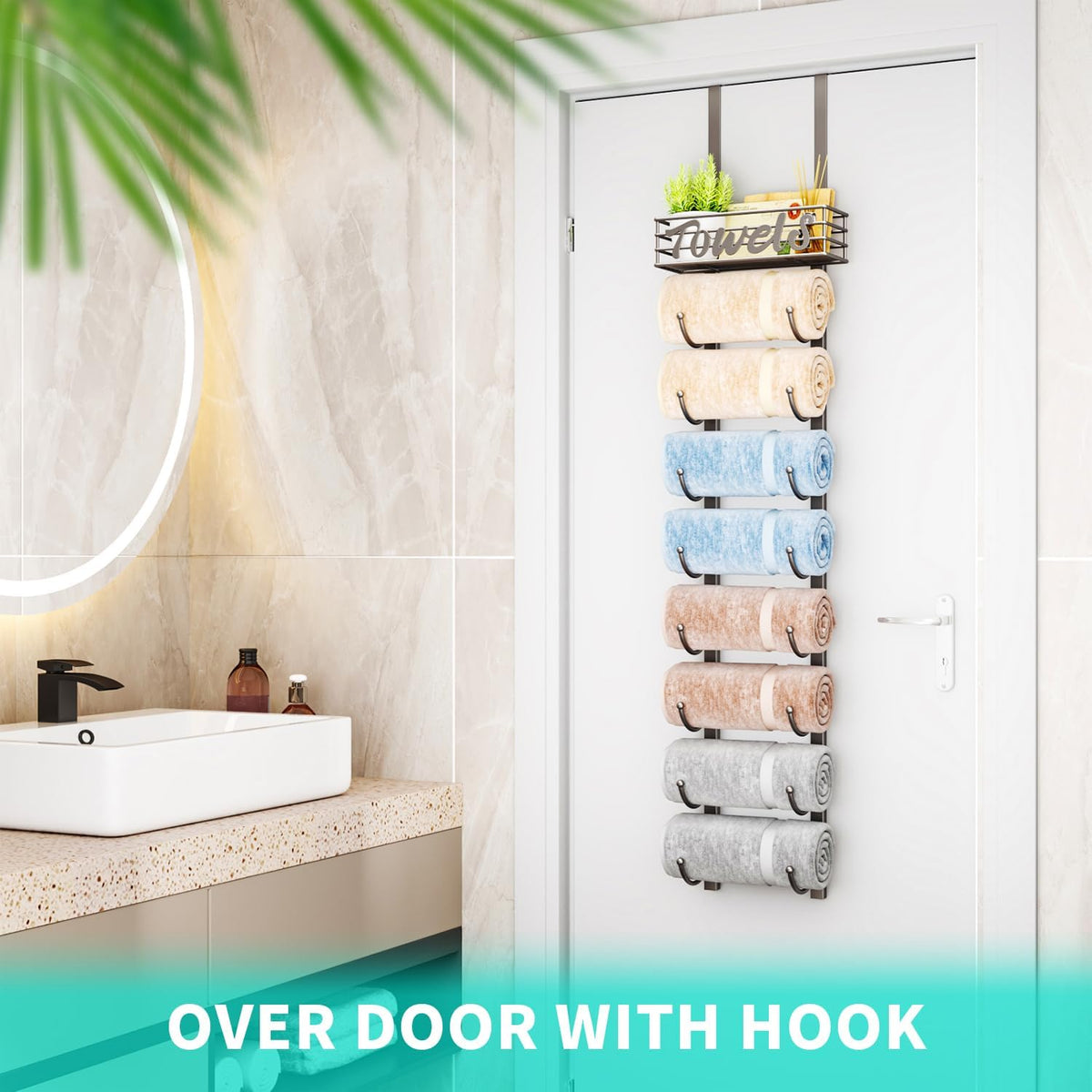 HapiRm Towel Racks for Bathroom Storage - 9 Tier Over The Door & Wall Mount Rolled Towel Storage Organizer Holder with Metal Shelf Basket for Small Bathroom, Camper, Rv - Patented