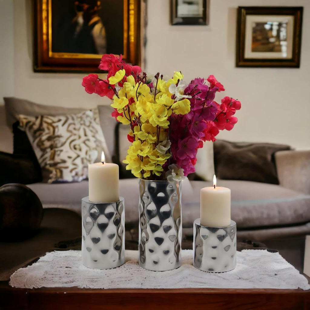 Hosley Silver Color Pillar LED Candle Holders/Vases Set of 3. Also usable as Vase. Ideal Gift for Wedding Party Home SPA Aromatherapy Reiki Candle Garden O3