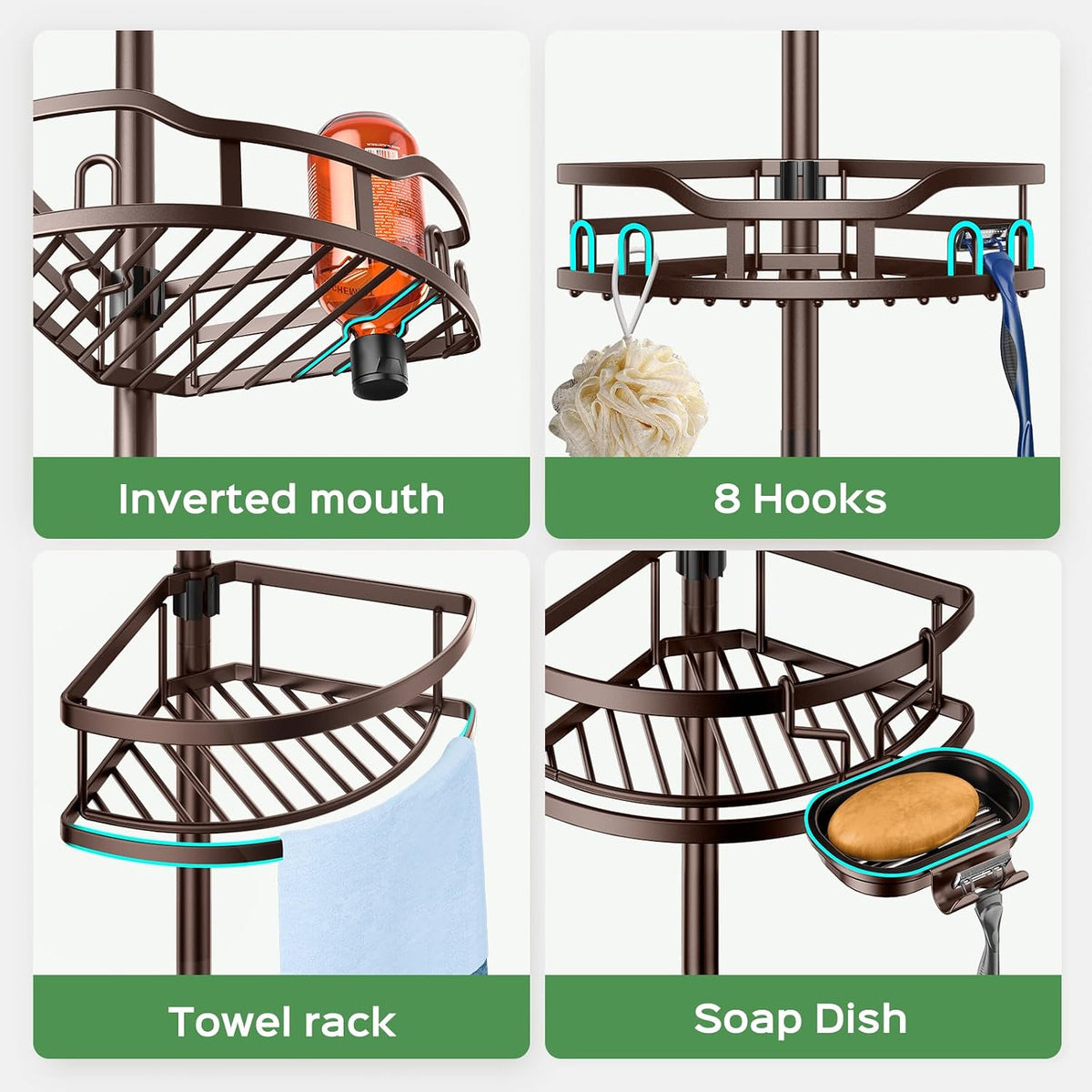 HAMITOR Shower Caddy Tension Pole, Adjustable Bathroom Storage Organizer