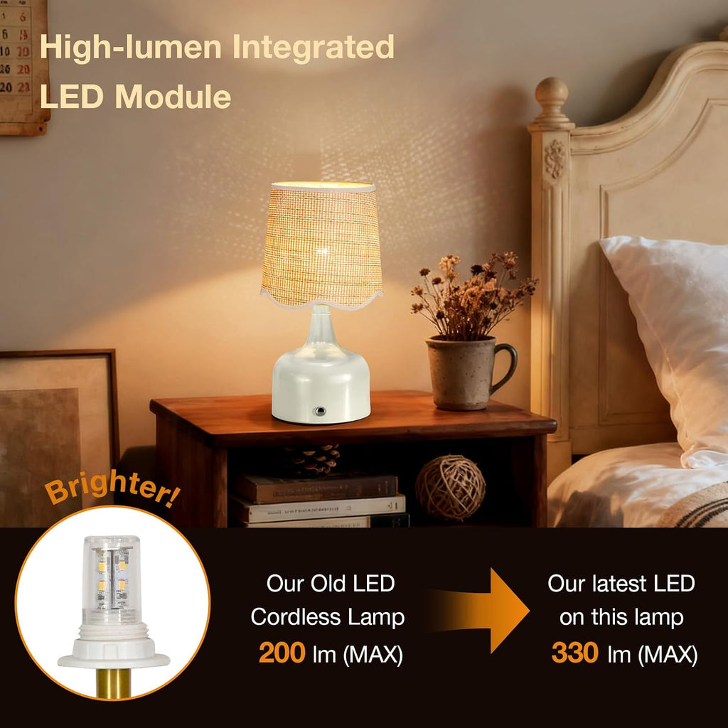 Cordless Boho Table Lamp Beige, Scalloped Wicker Shade, 5200-mAh Rechargeable Battery, 3-Way Dimmable, Build-in Integrated LED 320 Lumen Max, for Bedside Living Room