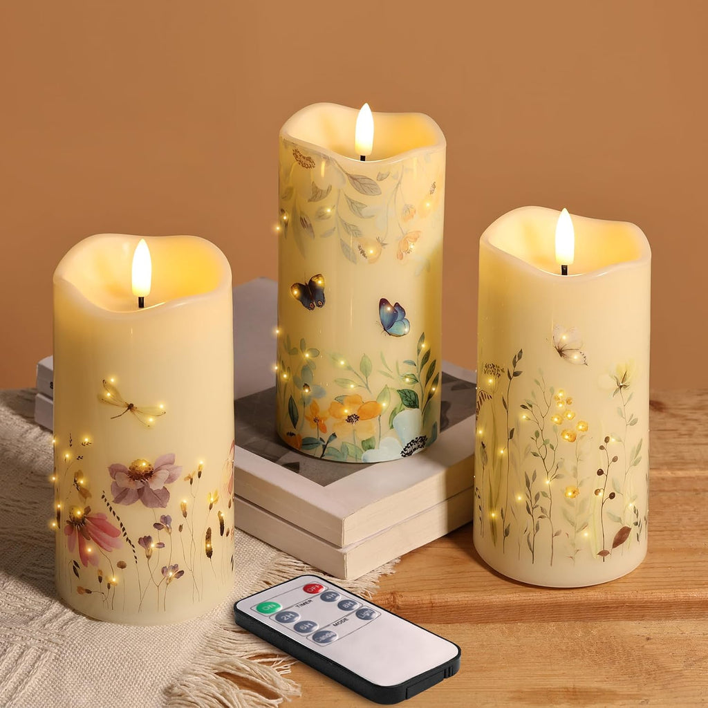 Eywamage Butterfly Fiber Optic Flameless Pillar Candles with Remote 3 Pack