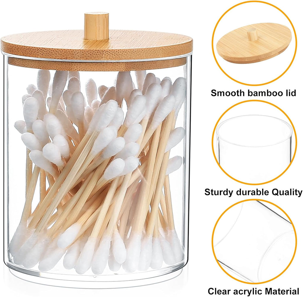 2 Pcs Qtip Holder, Cotton Pads Balls Dispenser Holders, Clear Cotton Swab Makeup Canister, Apothecary Jar Holder Organizer with Bamboo Lid for Bathroom Tabletop Vanity Makeup Storage Box