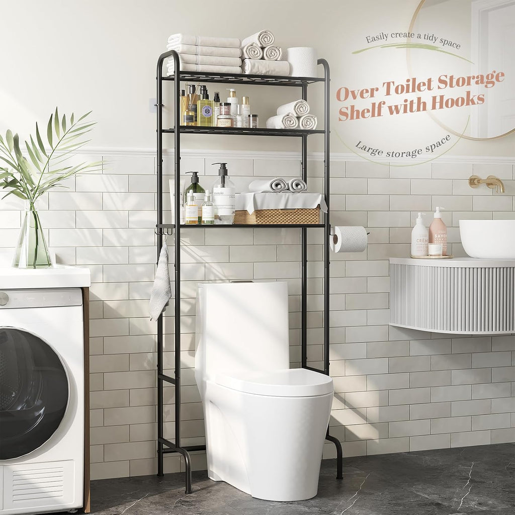 STDDRE 3-Tier Over The Toilet Storage Space Saver with Paper Holder Freestanding Rack Metal Bathroom Shelves with Hooks Above The Toilet Storage Shelf (Black, 3 Tier)