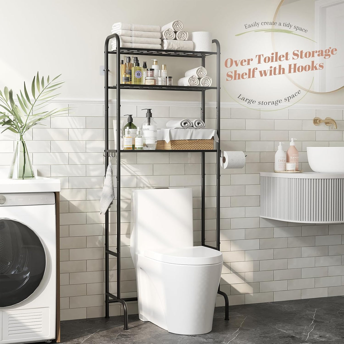 STDDRE 3-Tier Over The Toilet Storage Space Saver with Paper Holder Freestanding Rack Metal Bathroom Shelves with Hooks Above The Toilet Storage Shelf (Black, 3 Tier)