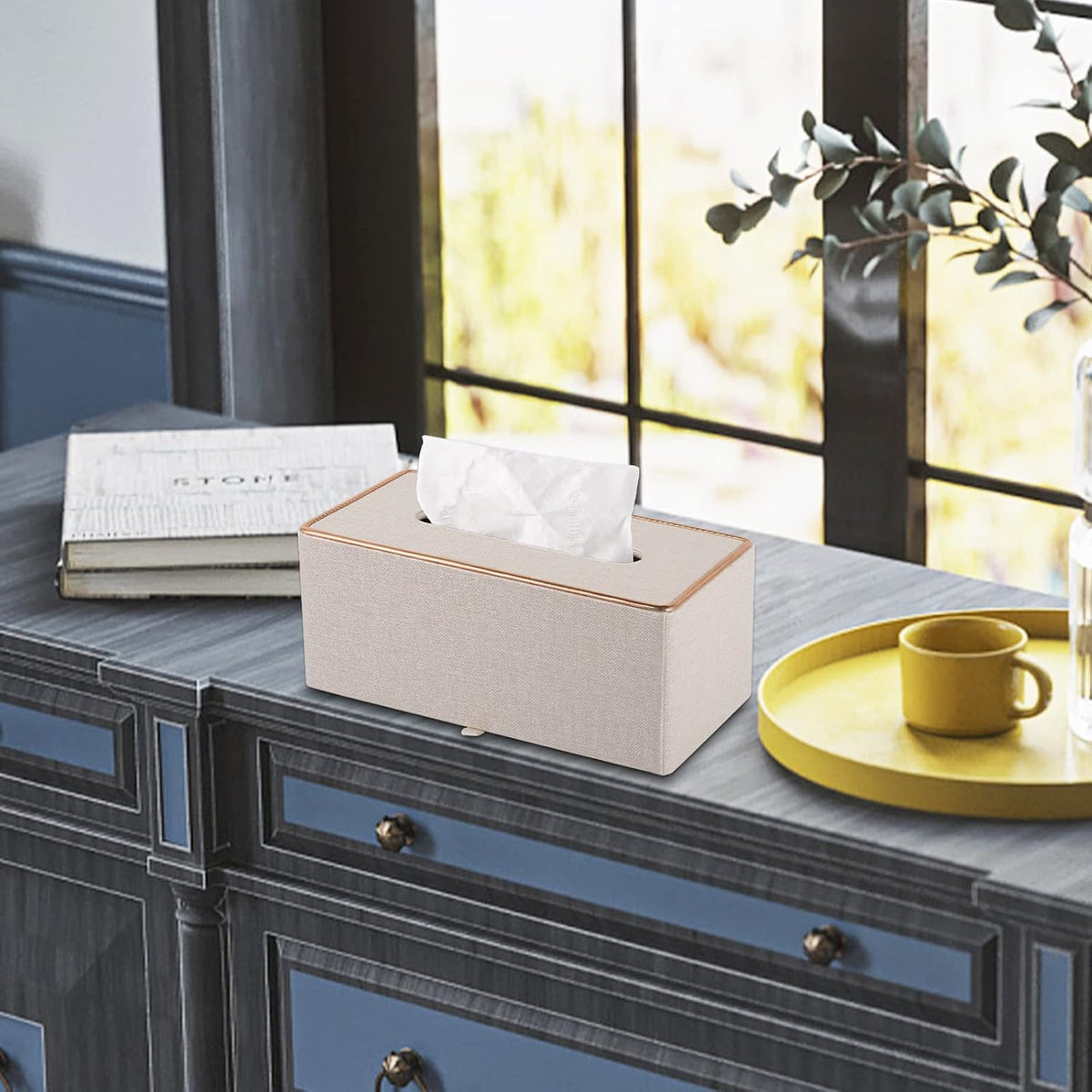 Fashion Leather Tissue Box Holder,Rectangular Tissue Box Cover for Bathroom Dresser Night Stand,Napkin Box Drawer Paper Dispenser,Home Office car Tissue Holder with Magnetic Bottom (Beige)