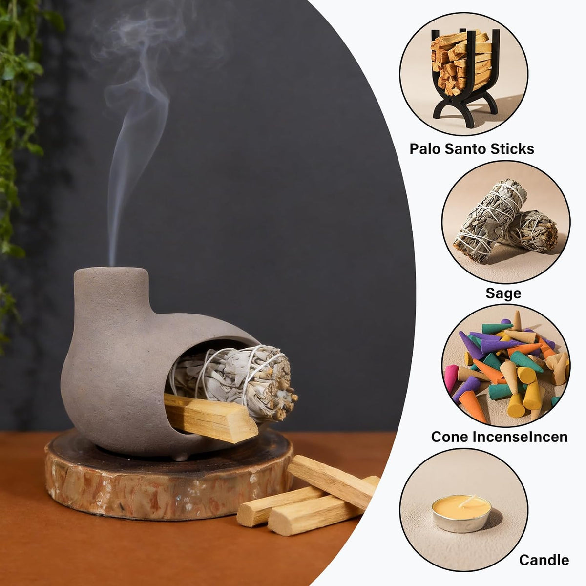 MOUGIGI Mini Chiminea Smudge Stick Holder, Sage and Palo Santo Holder Bowl