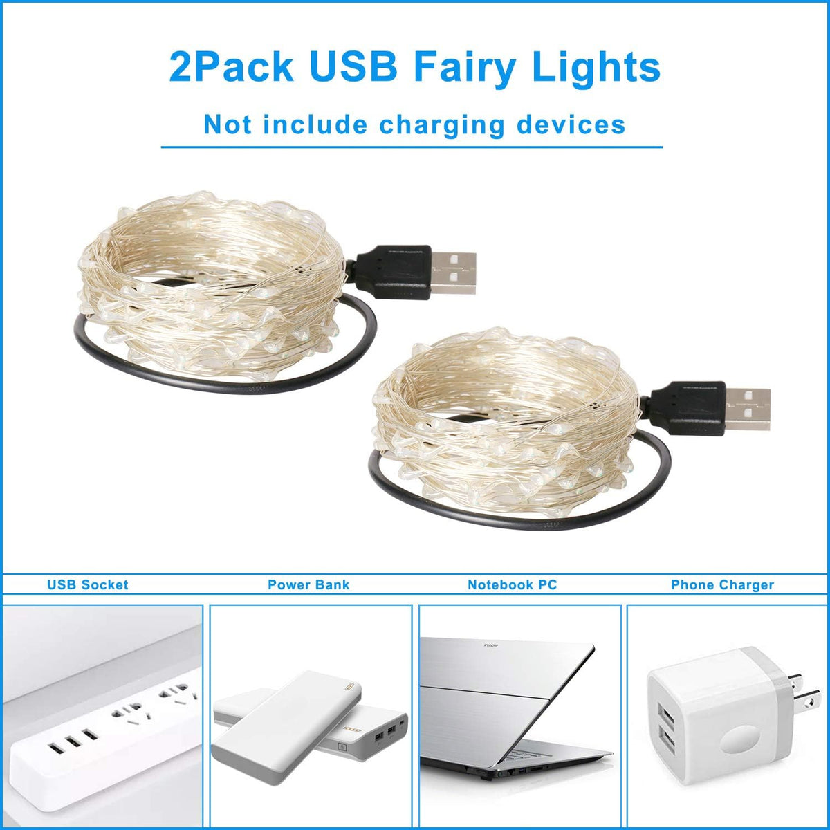 Blingstar USB Powered Fairy Lights, 2 Pack 33Ft 100 LED, Flexible Silver Wire, Mini String Lights for Indoor Christmas Tree/Halloween/Bedroom/Dorm/Party Decoration, Blue