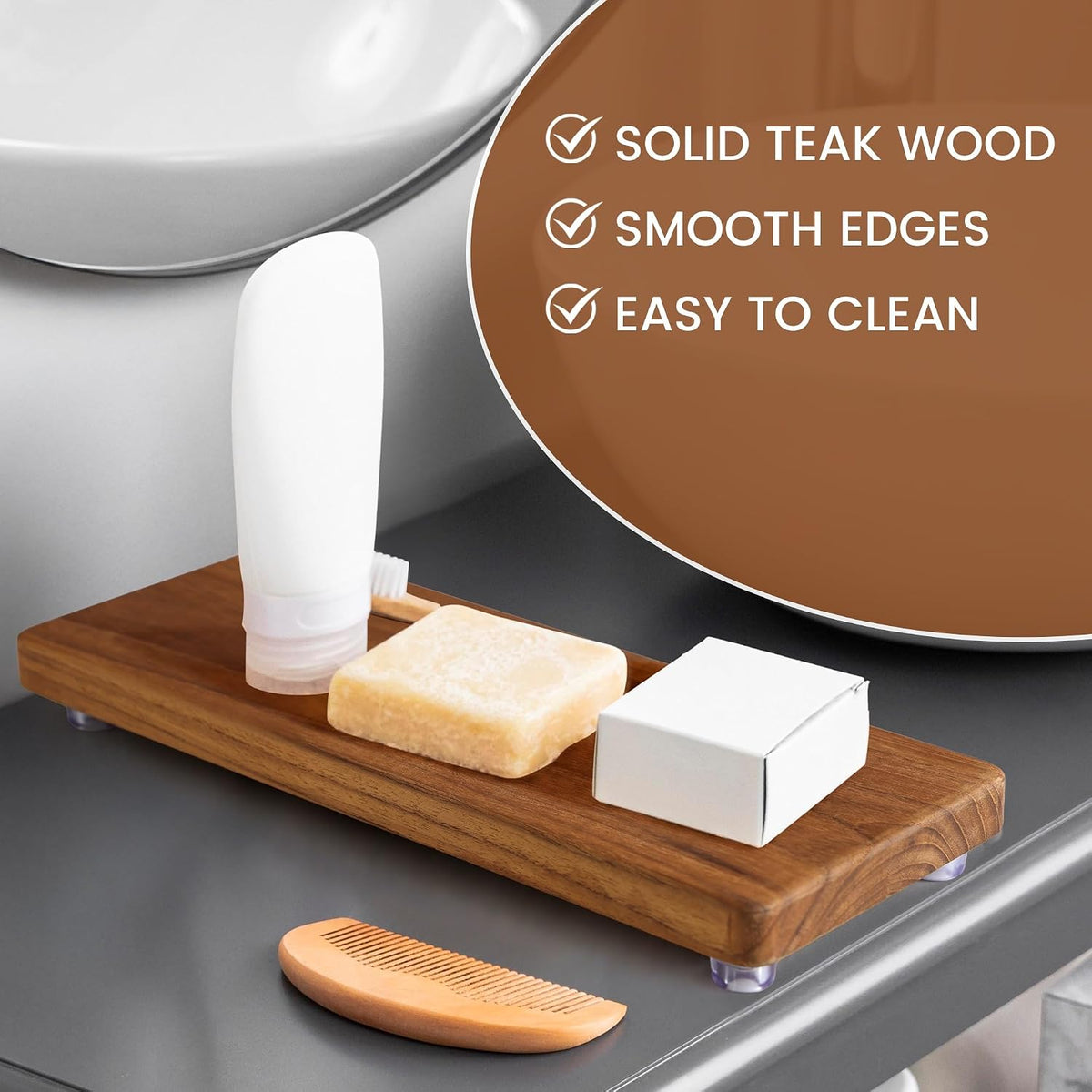 Solid Teak Wood Riser Tray, 12.6x5 inch Whole-Piece Teak Pedestal Stand, Vintage Rustic Bathroom Soap Dish Holder for Vanity Counter Sink, Candle Plant Essential Oil and Yacht Display, Brown L1