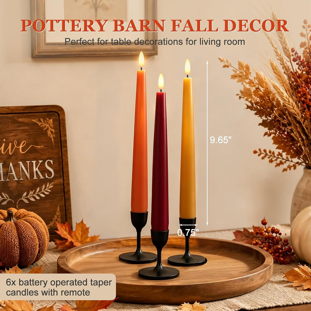 Fall Decor, Fall Decorations for Home, Flameless Taper Candles, Set of 3