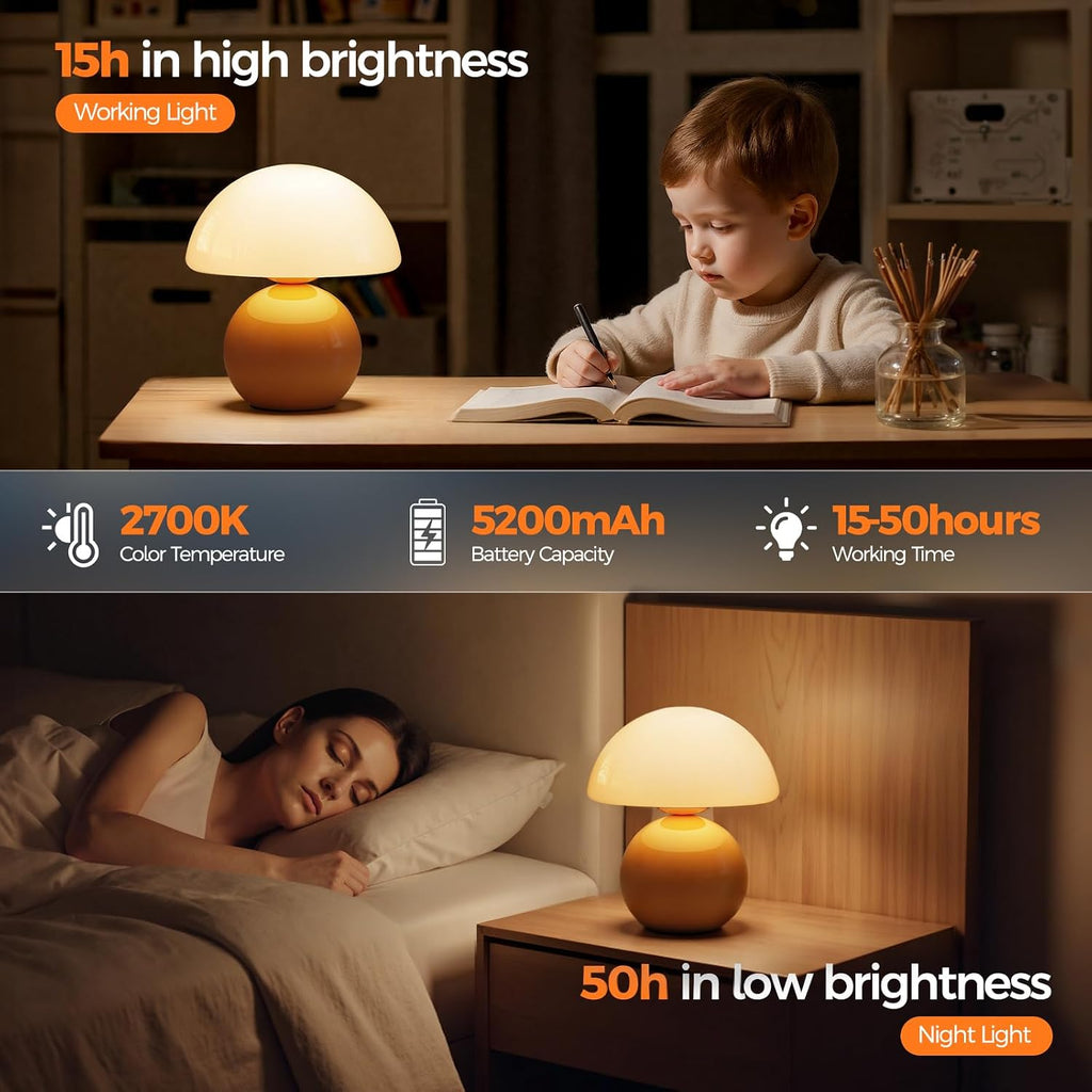 NIORSUN Mushroom Lamp Table Lamp for Bedroom, Portables Cordless Table Lamp,Wireless lamp,Small Bedside Table Touch Lamps for Living Room,Mini Mushroom 5200mAh Battery Operated Lamp Modern Orange