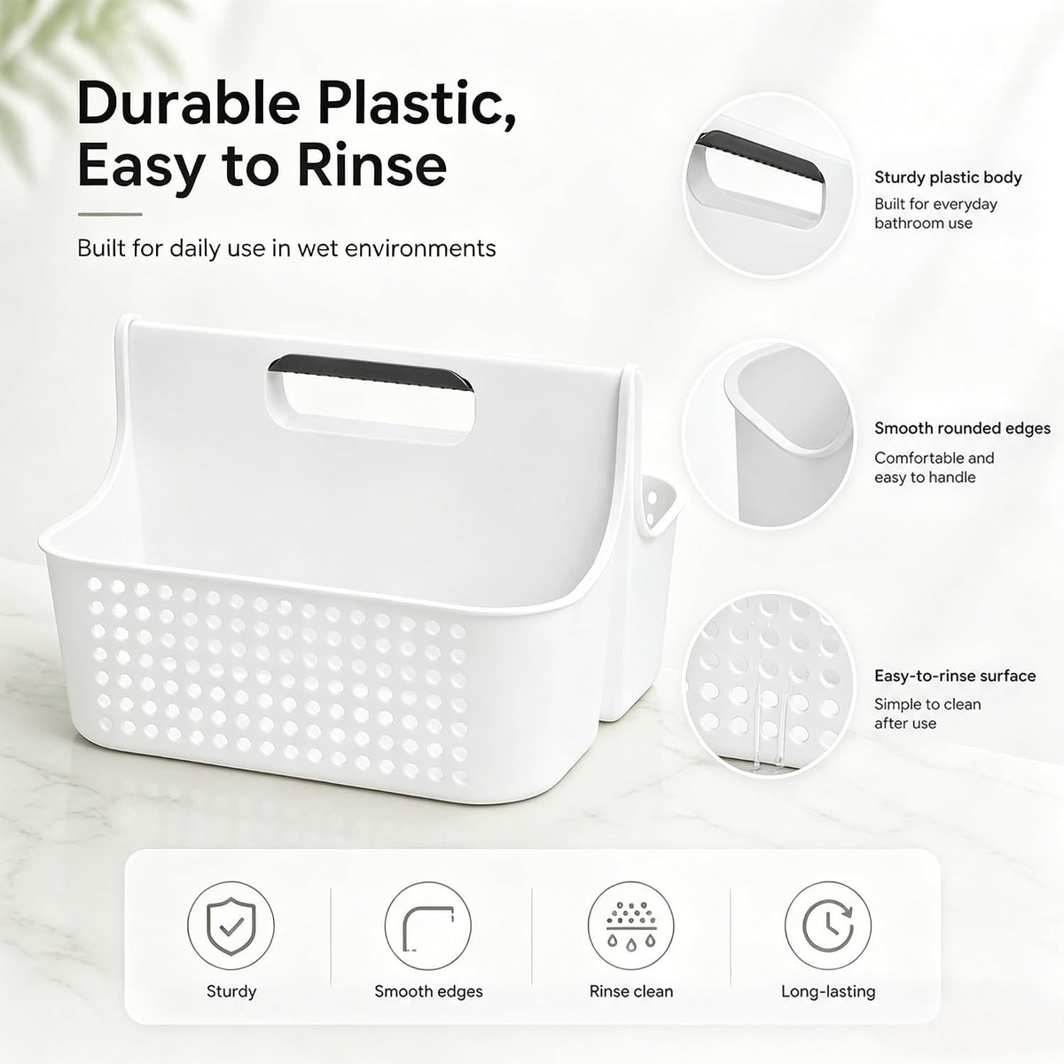 Haundry Portable Shower Caddy Basket, 2 Compartments Plastic Cleaning Caddy Organizer, Large Storage Tote with Handle for Bathroom, College, Dorm Room Essentials, White