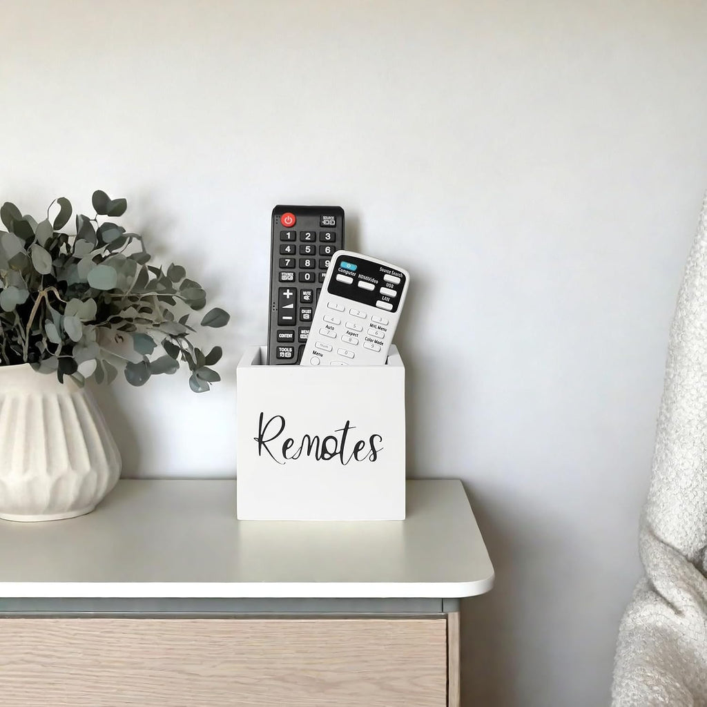 LBEMEY Wood Remote Control Holder, TV Remote Control Organizer for Home Bedroom Table, Multi-Purpose Desktop Storage (White, S,for 2 or 3 Remote Controls)