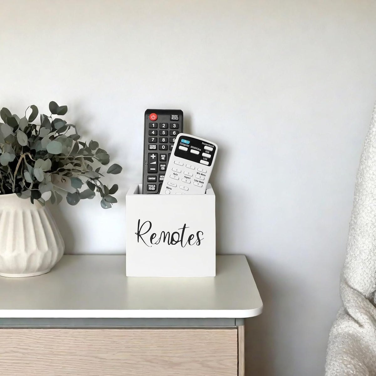 LBEMEY Wood Remote Control Holder, TV Remote Control Organizer for Home Bedroom Table, Multi-Purpose Desktop Storage (White, S,for 2 or 3 Remote Controls)