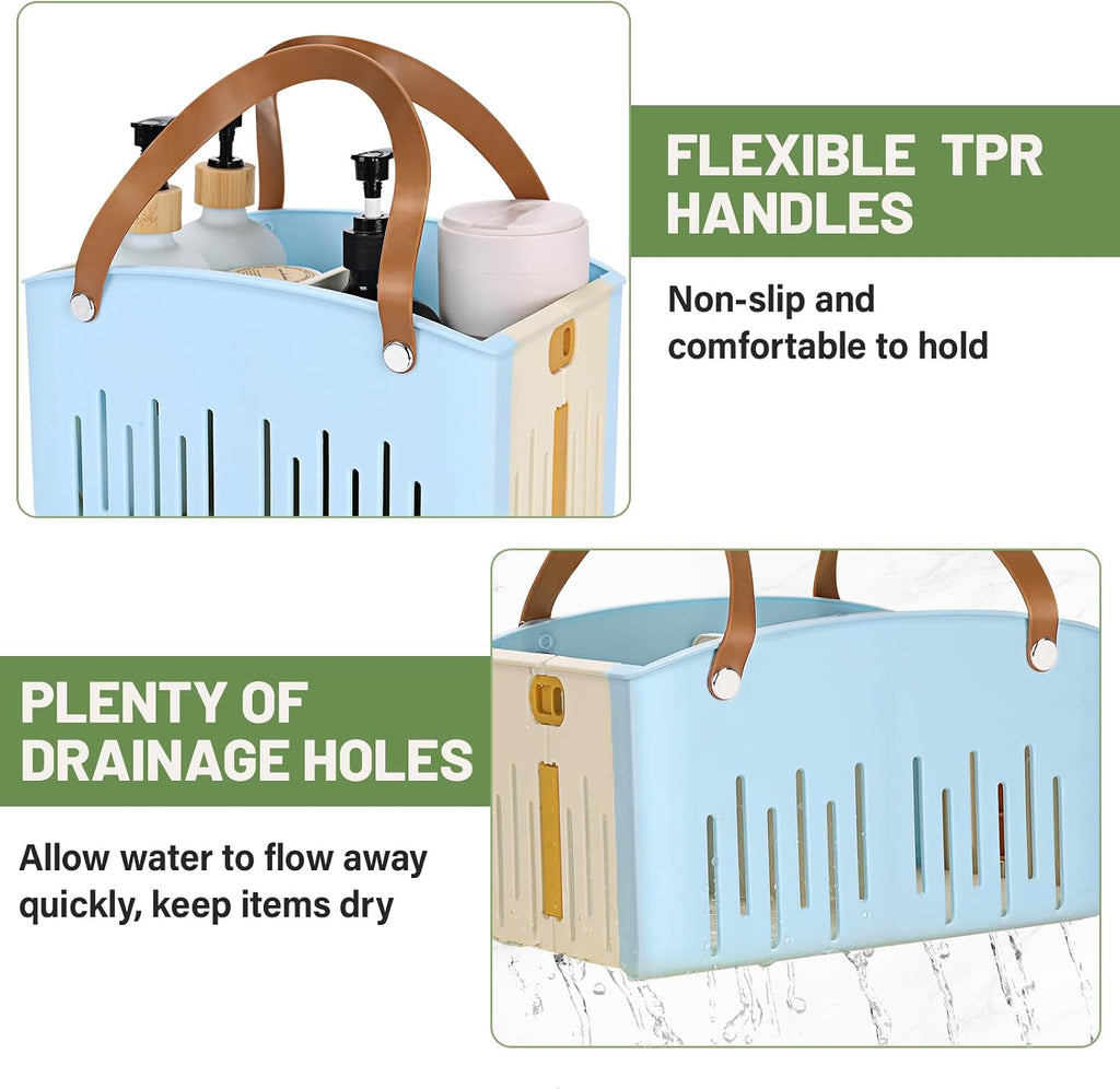 Portable Shower Caddy Collapsible Plastic Shower Basket Tote with Handles Removable Divider, Cleaning Caddy Storage Organizer for Bathroom College Dorm (Blue)