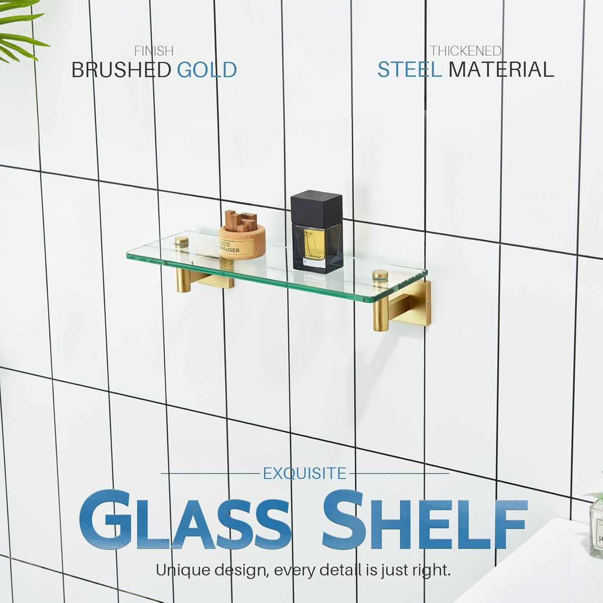 KOKOSIRI Wall Shelves Floating Shelf 12'' Gold Stainless Steel Bathroom Hardware Tempered Glass Hanging Rack Storage/Room Decor 2 Pack B1105BG-L12-P2