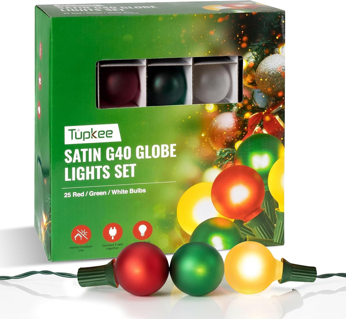G40 Globe Christmas Tree Lights, Red Green Clear Bulbs, 24 Ft String