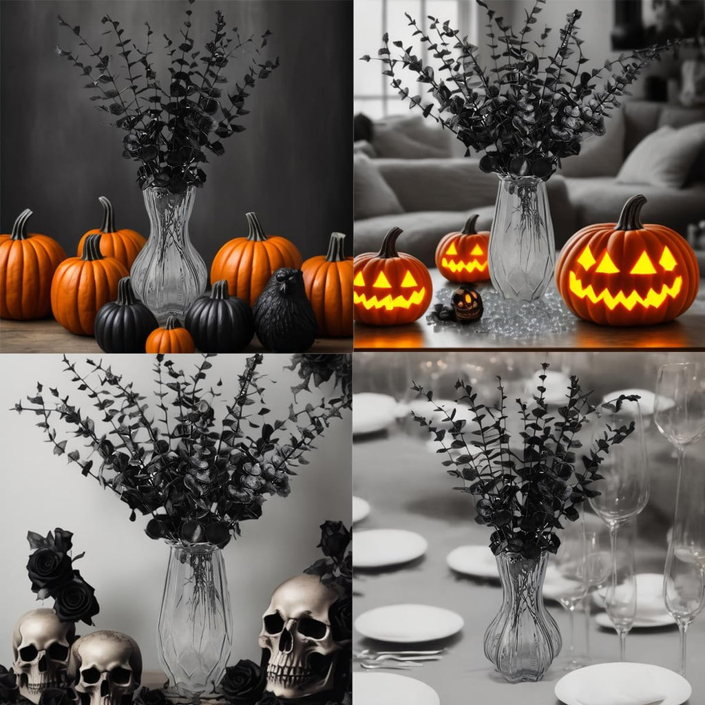 TIHOOD 14PCS 15” Black Eucalyptus Stems Artificial Eucalyptus Leaves Branches Fake Eucalyptuses Decor Faux Eucalyptus leaf Stem for Halloween Autumn Fall Floral Arrangement Wedding Bouquet Home Office