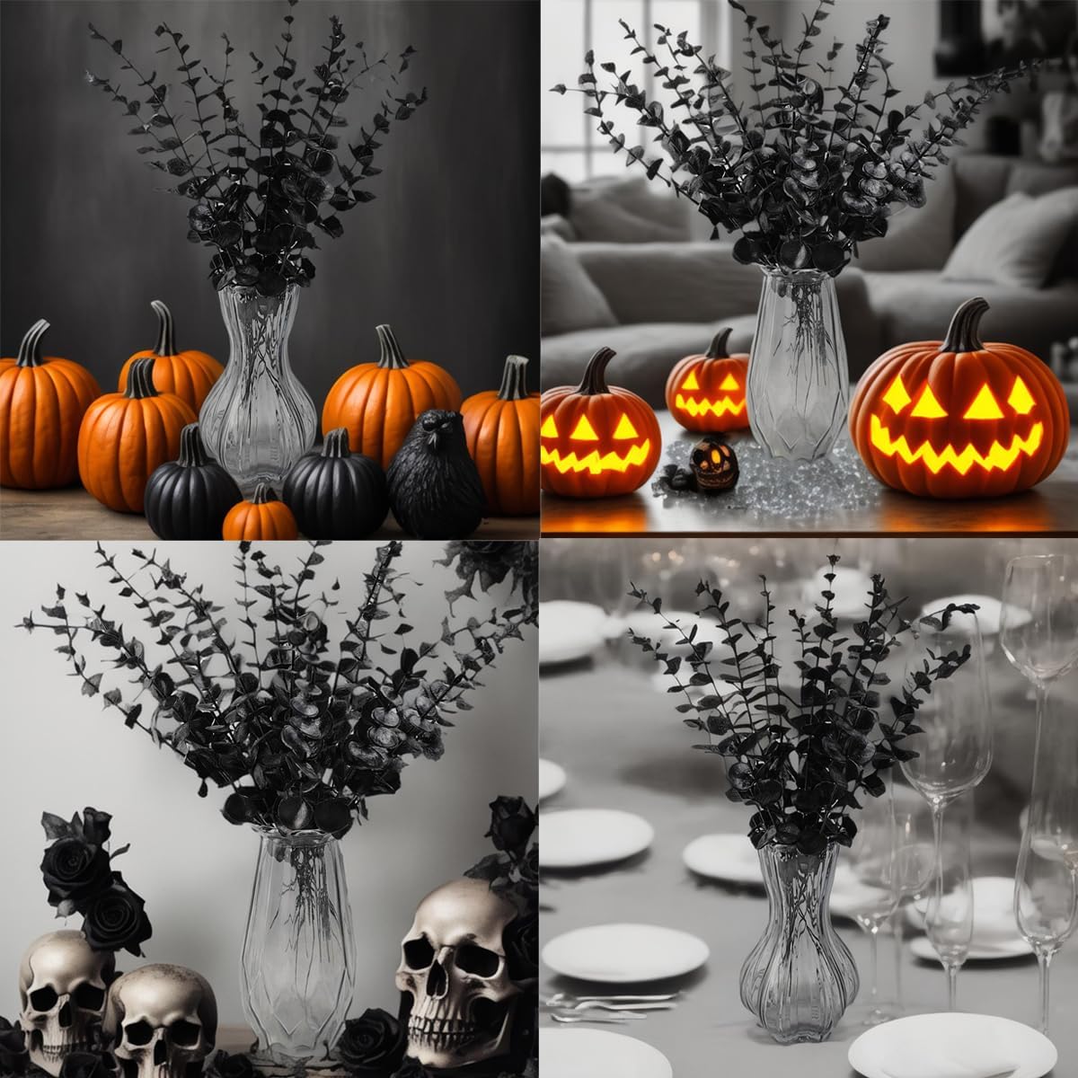 TIHOOD 14PCS 15” Black Eucalyptus Stems Artificial Eucalyptus Leaves Branches Fake Eucalyptuses Decor Faux Eucalyptus leaf Stem for Halloween Autumn Fall Floral Arrangement Wedding Bouquet Home Office