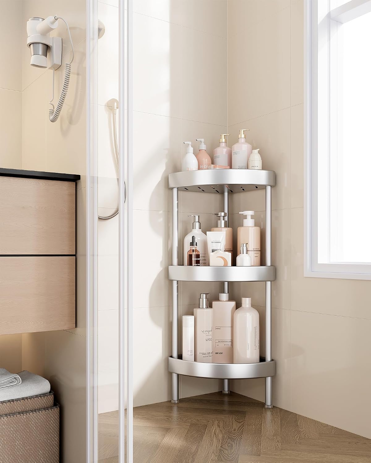 Nieifi 3 Tier Aluminum Corner Shower Caddy Standing Rustproof-Silver