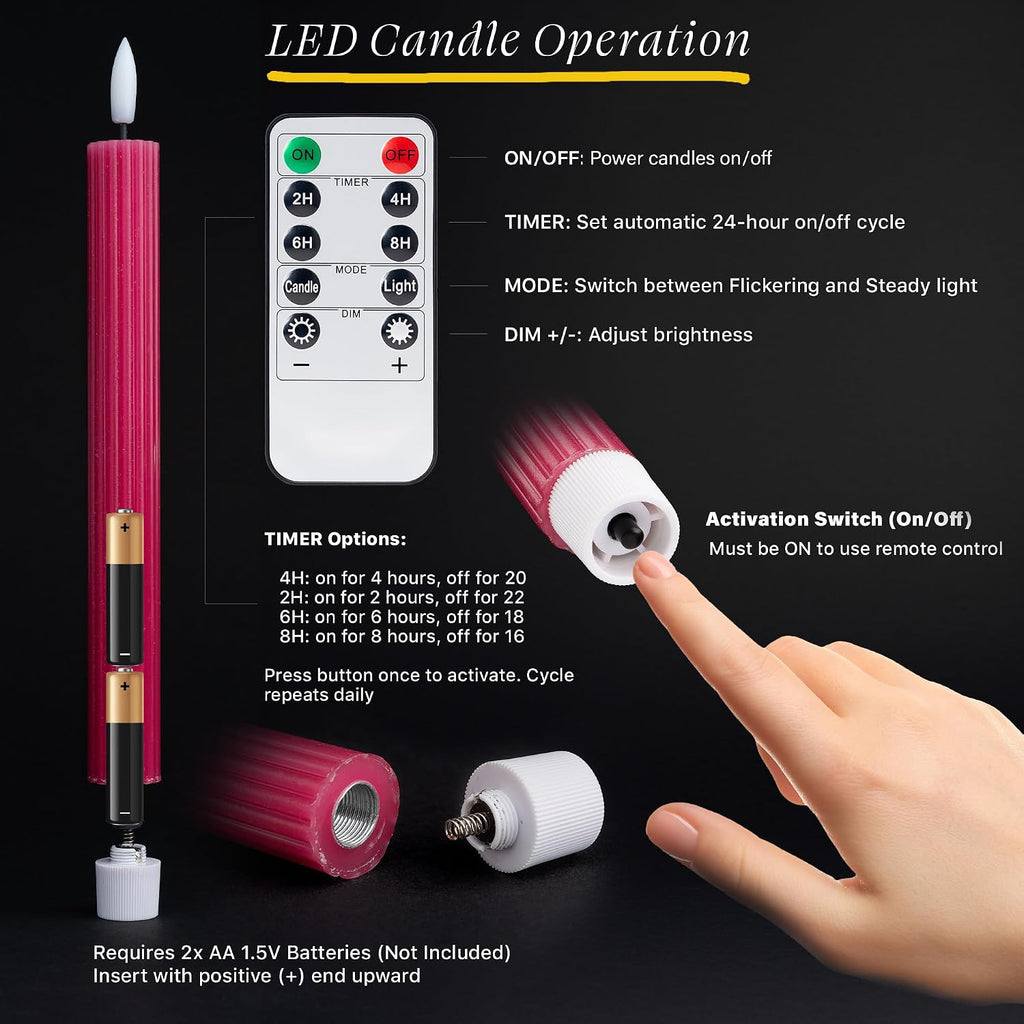 10" Fluted Ribbed LED Pink Grooved Real Wax Taper Candles, Remote & 24h Timer Memory, On/Off Switch - Flameless Dimmable Battery Operated w/Flicker Mode, Home Wedding Decor (6 Pack)