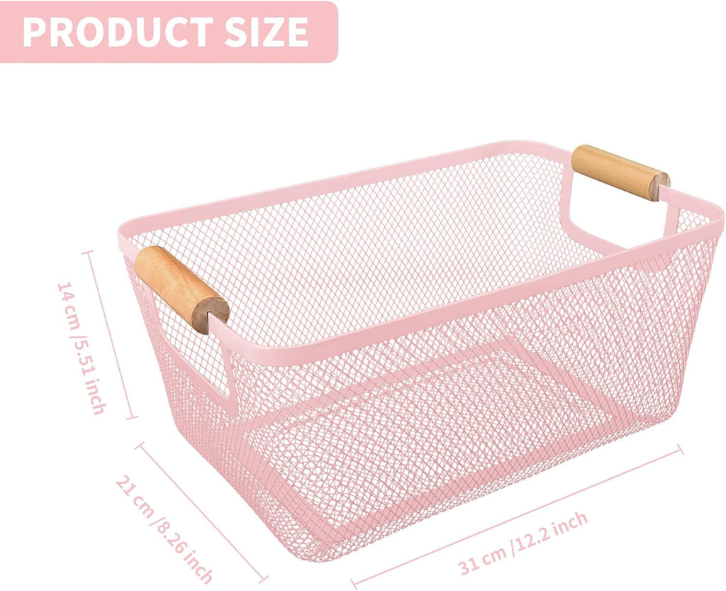 PTSGCAI 2Pack Metal Mesh Steel Basket with Bamboo Handle - Wire Metal Basket for Kitchen Organization, 12" Wide Food Organizer Bin, Perfect for Organizing Bulk Pantry (PINK)