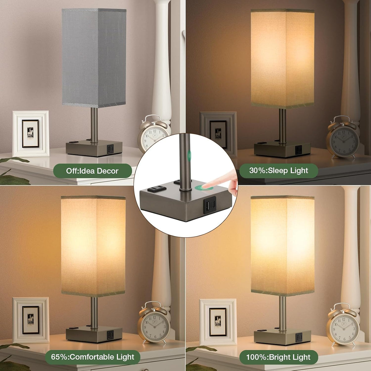 Grey Touch Lamps Set of 2 for Bedroom - Dimmable, USB C+A, 2 AC Outlets