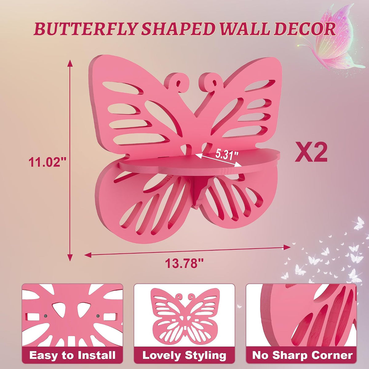 2-Tier Butterfly Wall Shelf - Nursery Decor Pink Floating Corner Shelves, Cute Wall Display Rack Bookshelf for Kid’s Room, Solid Wood Hanging Hollow Out Shelf for Toys, Plants and Decorations Storage