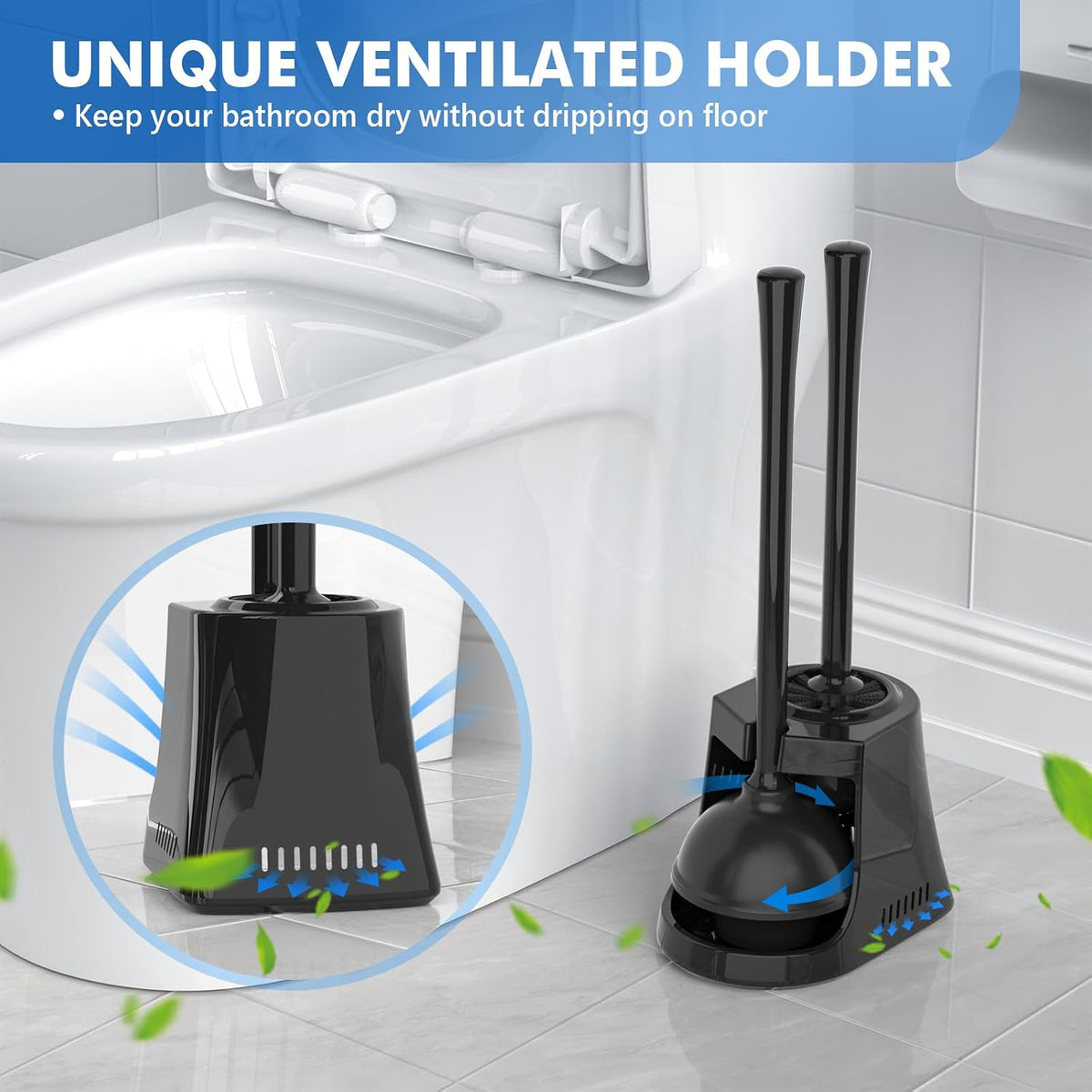 LOVLOY Toilet Plunger and Brush, Bowl Brush and Heavy Duty Toilet Plunger Set with Ventilated Holder, 2-in-1 Toilet Brush and Plunger Combo for Bathroom Cleaning (2, Black)