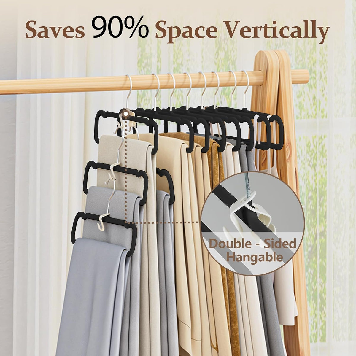 Velvet Felt Pants Hangers 30 Pack, with Cascading Hooks (Black)