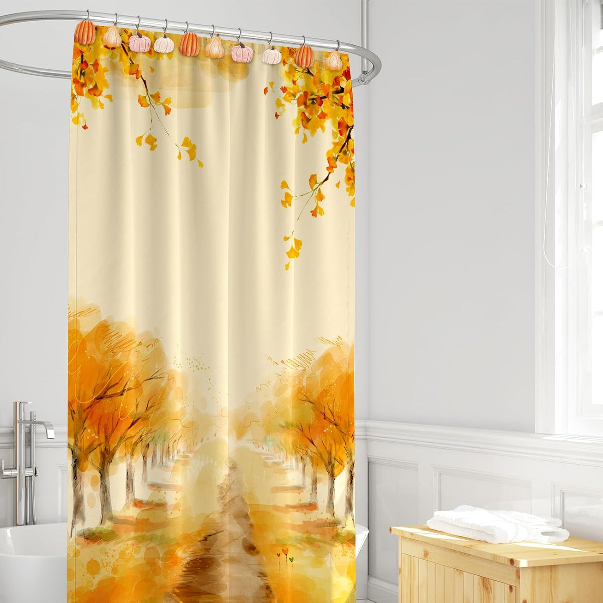 JarThenaAMCS 12 Pcs Fall Shower Curtain Hooks 4 Designs Pumpkin Curtain Rings Autumn Thanksgiving Decorative Hanger Hooks for Bedroom Bathroom Decor