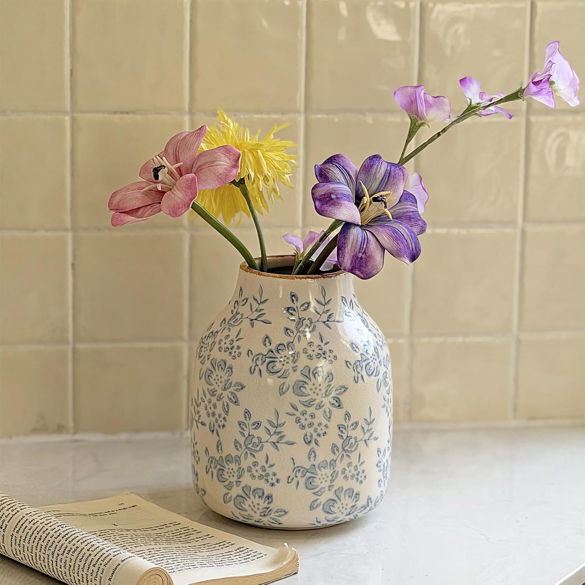 Blue and White Chinoiserie Ceramic Vase Vintage Flower Vase, 7.9in
