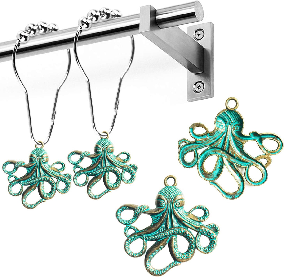 Set of 12 Octopus Shower Curtain Hooks Decorative Home Bathroom Stainless Steel Rustproof