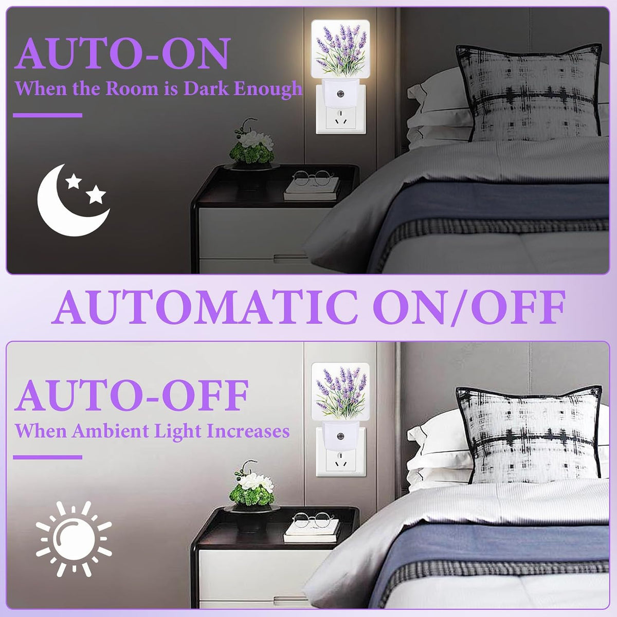 Purple Lavender Night Light,Plug-in Night Lights with Dusk-to-Dawn Sensor for Bedroom,Bathroom and Living Room Sleep Friendly lamp 0.5w
