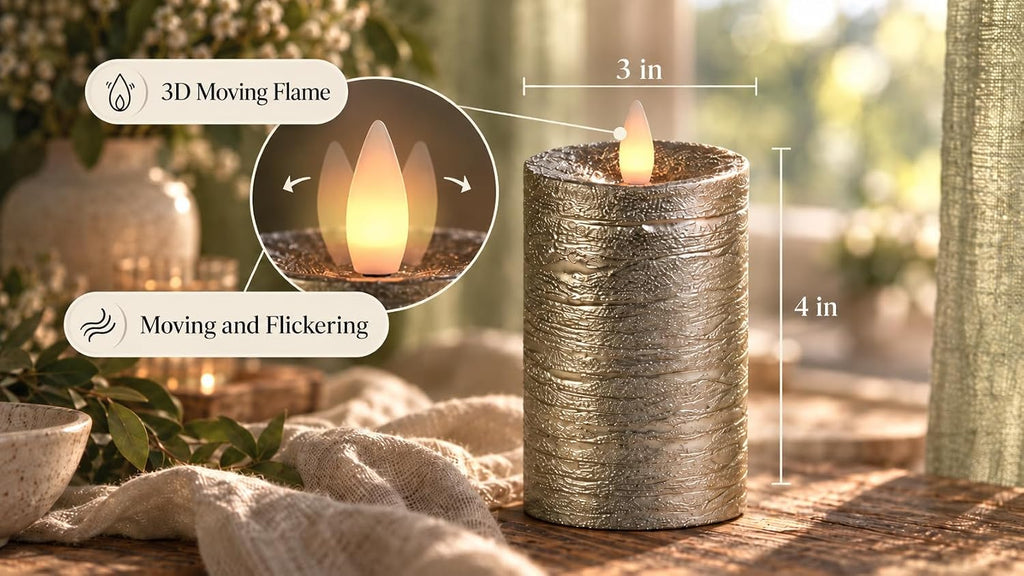 Shiny Metallic Silver Flameless Pillar Candles, Patented 3D Realistic Moving Flickering Flame with Remote Timer, Battery Operated 400hrs for Wedding, Holiday, Party, Decor, Gift(Set of 3)