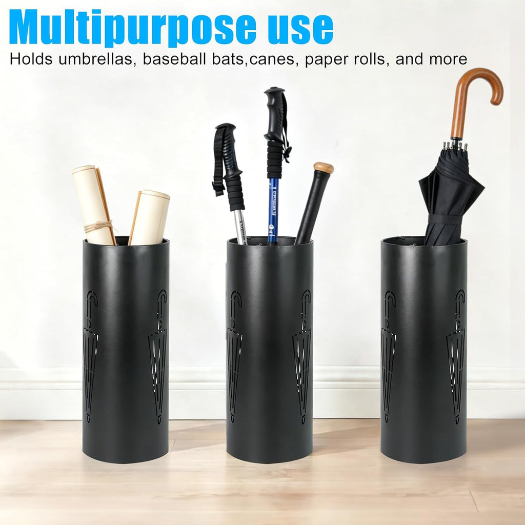 DreamsEden Metal Umbrella Stand, Round Entryway Umbrella Organizer with 3 Hooks for Walking Canes Golf Clubs, Sturdy Durable Holder Rack, Black