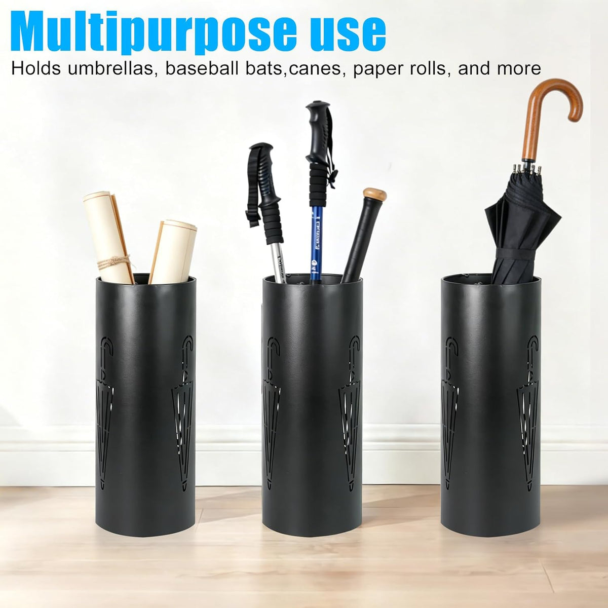 DreamsEden Metal Umbrella Stand, Round Entryway Umbrella Organizer with 3 Hooks for Walking Canes Golf Clubs, Sturdy Durable Holder Rack, Black