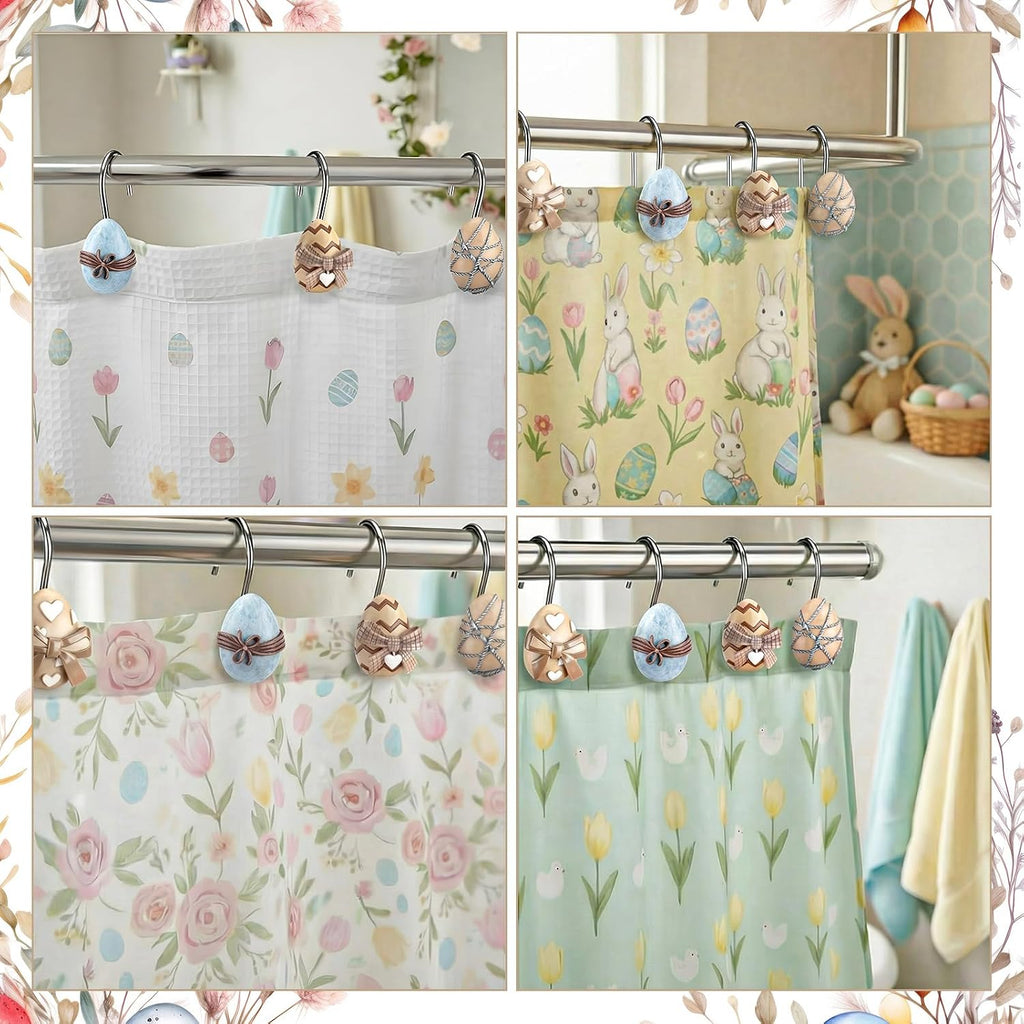 Colingmill 12 Pcs Easter Shower Curtain Hooks Easter Egg Shower Curtain Hooks Vintage Egg Bathroom Rust Resistant Decor Rings for Holiday Bathroom Bedroom Farmhouse Decorations