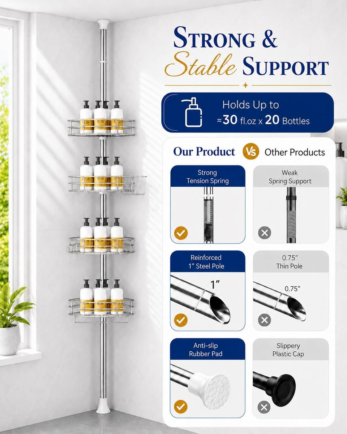 SEIRIONE Rustproof Corner Shower Caddy Tension Pole for Bathroom Storage